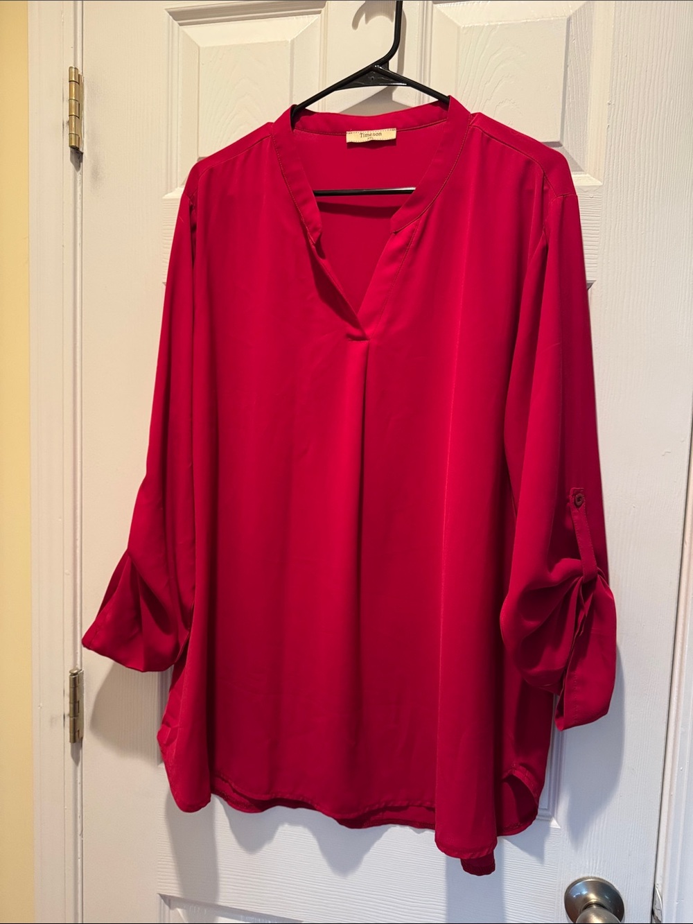 Women's Red V-Neck Roll-Sleeve Blouse- tunic length